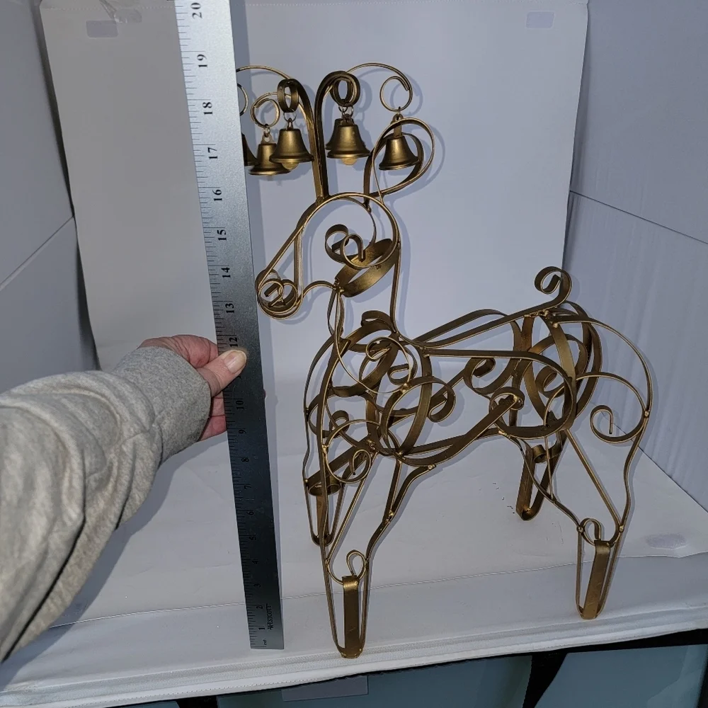 Large Metal Reindeer Gold Colored Christmas Bells on Antlers Estate
